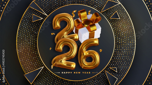 Happy New Year 2026, Realistic 3D rendering of the figures, complemented by gold gift box ribbons and Christmas decorations. This is the perfect celebratory sign for your 2026 celebrations.