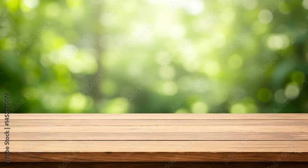 Empty wooden table top with blurred green bokeh nature background suitable for product display montage banner design Empty wooden table top with blurred green bokeh nature background suitable for product display montage banner design