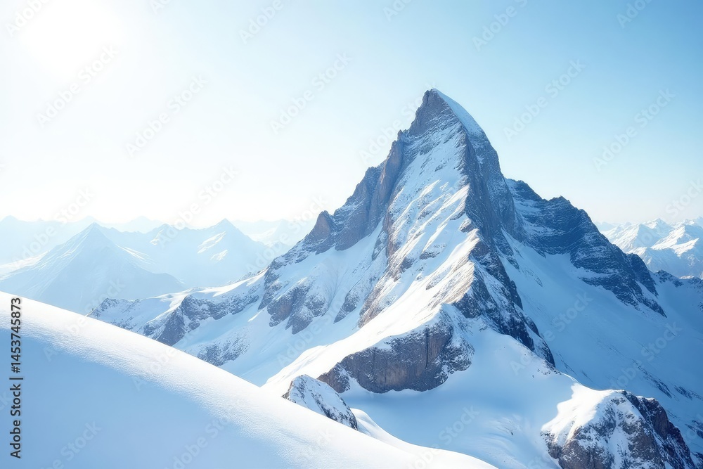 Obraz premium Snow covered mountain peak against bright white sky, light, outdoor
