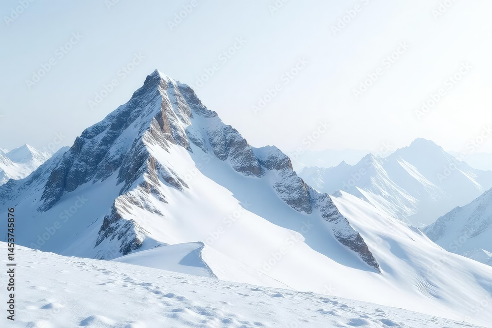 Obraz premium Snow-covered mountain peak, bright white backdrop , scenic, clean