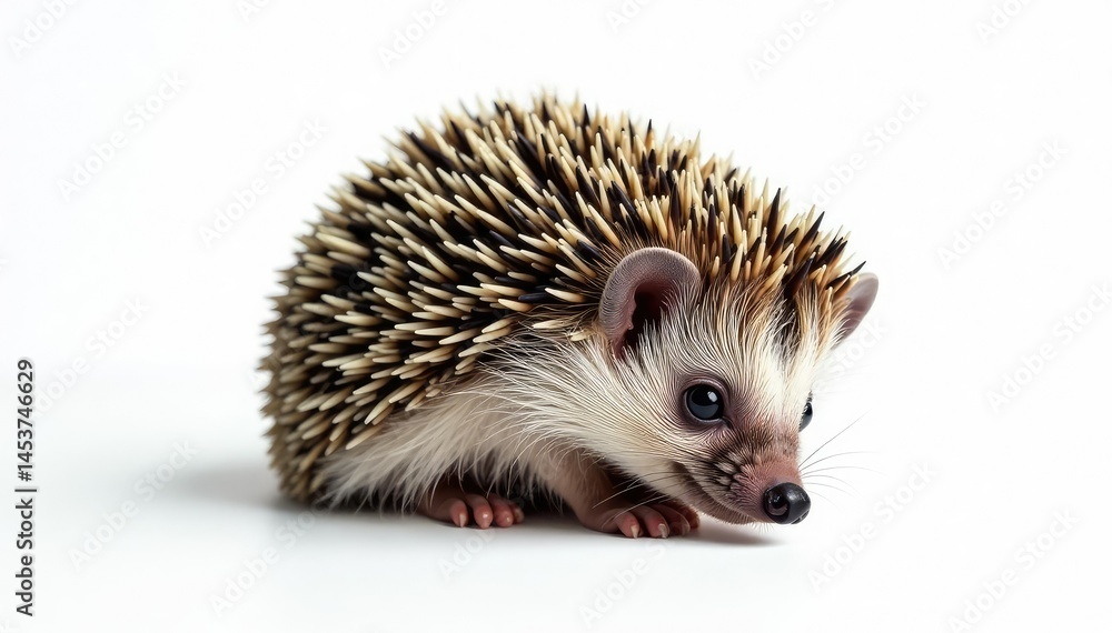 Obraz premium Tiny hedgehog, curled in ball, isolated on white background, cute animal, hedgehog