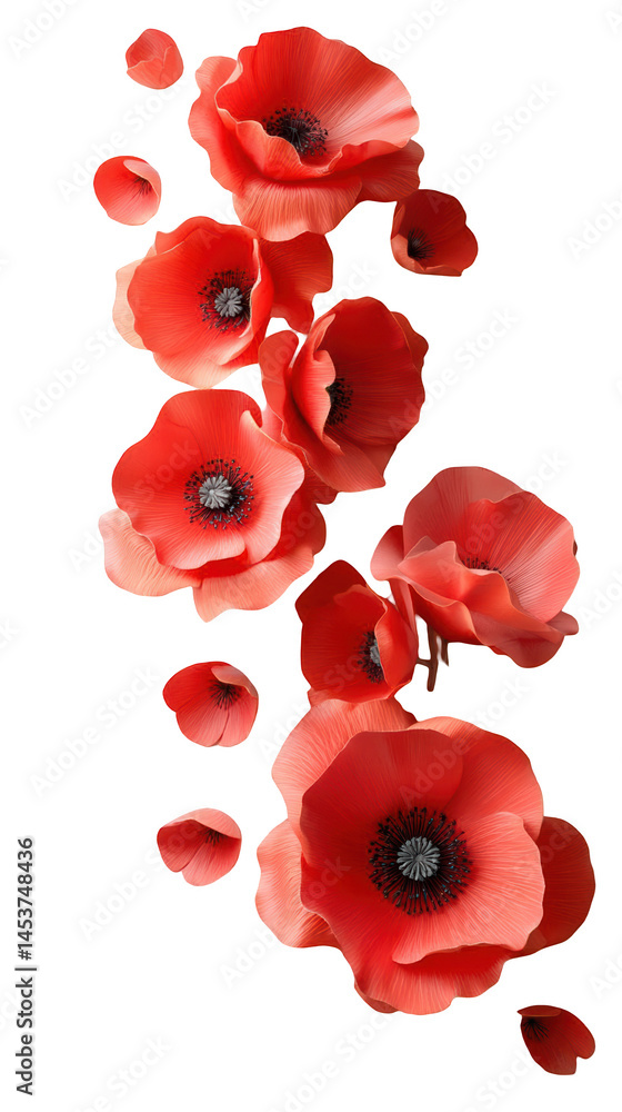 Vibrant red poppies cascading gracefully with scattered petals against a clean background Vibrant red poppies cascading gracefully with scattered petals against a clean background