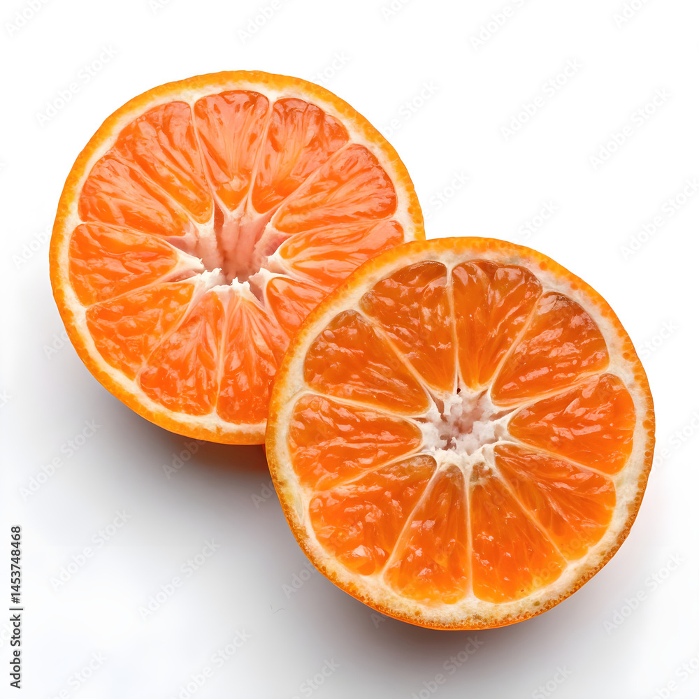 A mandarin sliced cleanly in half, revealing its juicy, segmented interior. A mandarin sliced cleanly in half, revealing its juicy, segmented interior.
