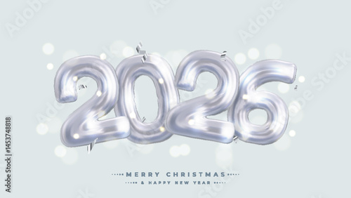 The festive and celebratory design features shiny white number 2026 balloons surrounded by silver confetti. Perfect for New Year's Eve celebrations and party invitations.