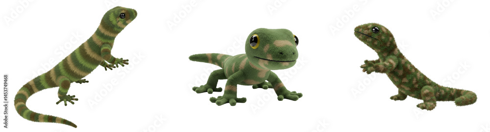 Fototapeta premium 3D Three plush lizards with varied patterns and poses against a plain studio style setting view on transparent background