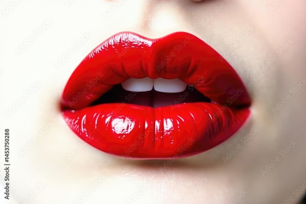 Fototapeta premium Close-up of vibrant red lips against pure white backdrop, promotion, photography, bold
