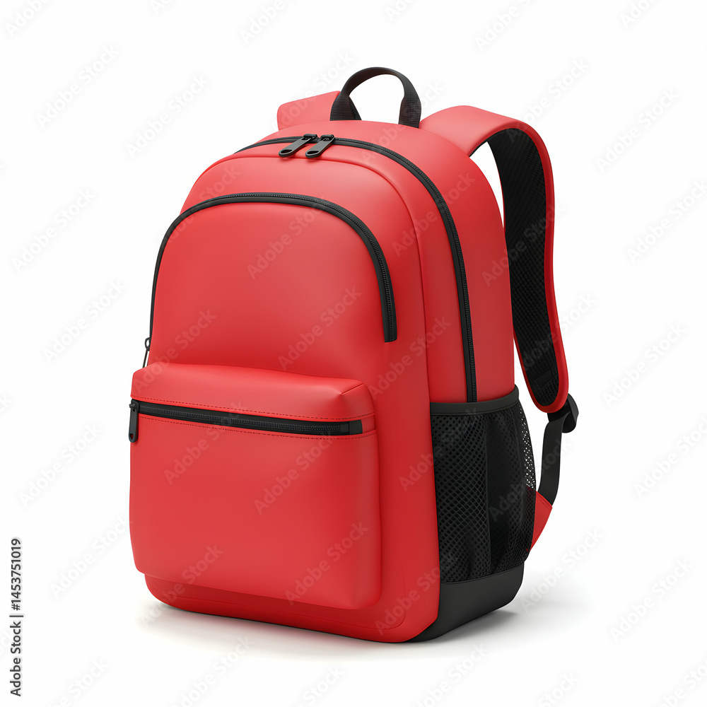 Fototapeta premium A vibrant red backpack with black accents displayed against a clean white background in studio shot