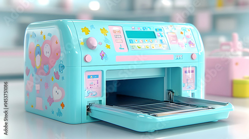 A blue toy oven with a pink and white design and a digital display, the door is open revealing a rack inside