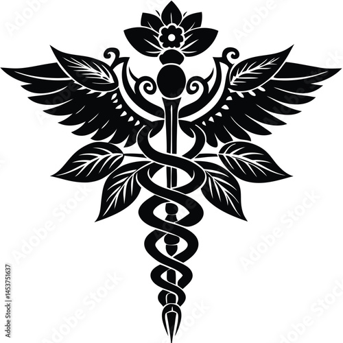 Caduceus Medical Symbol vector Silhouette illustration Caduceus made of floral or vine elements