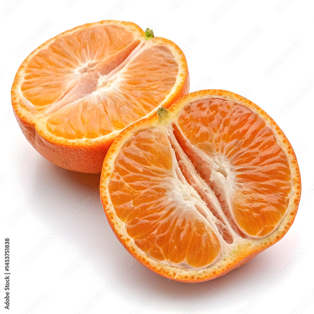 A mandarin sliced cleanly in half, revealing its juicy, segmented interior. A mandarin sliced cleanly in half, revealing its juicy, segmented interior.