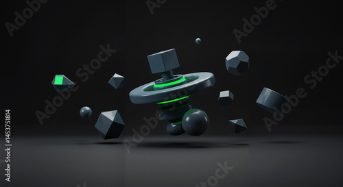 Abstract geometric shapes spinning in dark background  