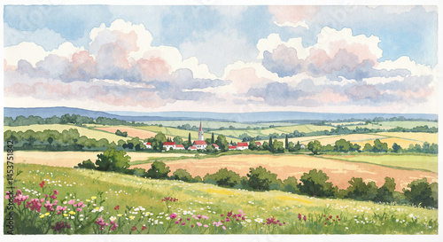 Beautiful countryside landscape with vibrant flowers and hills . Watercolor sample