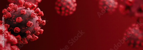 A dramatic close-up of a red virus floating over a blurred background, with vivid red tones creating a strong visual impact, symbolizing the urgent threat posed by viruses in a medical context.