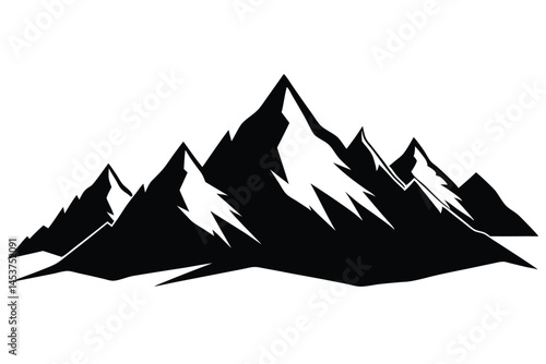 Bold mountain range silhouette features snowcapped peaks against a plain backdrop with transparent background