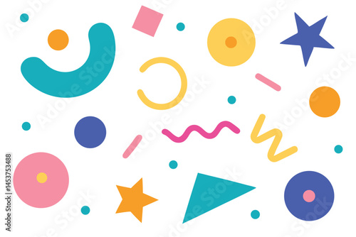 Cheerful array of vibrant geometric shapes floats against a clean white backdrop perfectly