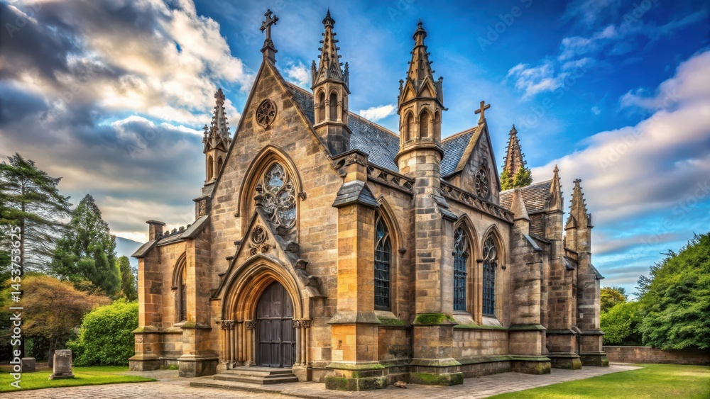 Fototapeta premium Ancient church with Gothic architecture and ornate stone carvings , catholic, medieval structure
