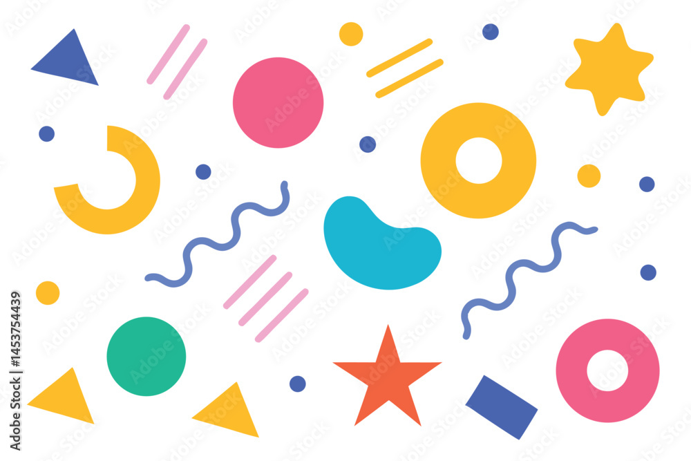 Colorful geometric shapes including stars, triangles, circles and lines are scattered randomly across a white background Colorful geometric shapes including stars, triangles, circles and lines are scattered randomly across a white background