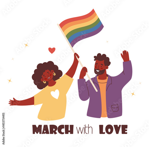 Happy LGBQ People Holding Rainbow Flag. Ethnic smiling black couple man and woman. LGBTQ Parade. Supporting diversity and self-expression. Vector Illustration for Pride Month, unity and equal love