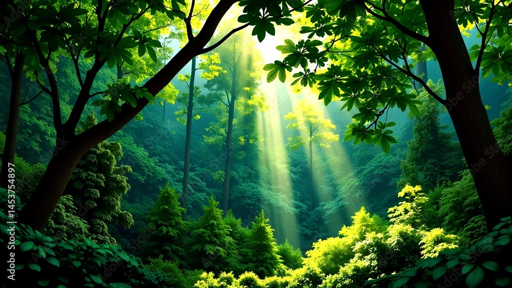 Fototapeta premium Sunlight streams through lush green trees in a vibrant, tranquil forest, illuminating the dense foliage below.