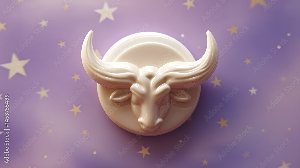 Fototapeta premium A polished, stylized bull head sculpture symbolizing Taurus, mounted on a soft violet background sprinkled with golden stars, emphasizing zodiac elegance.