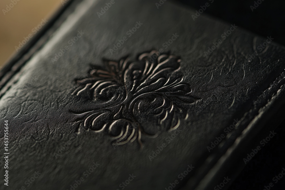 Fototapeta premium Black leather journal with flower design.