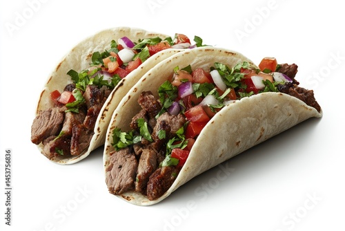 Three delicious tacos filled with seasoned beef, vibrant toppings, and fresh ingredients.