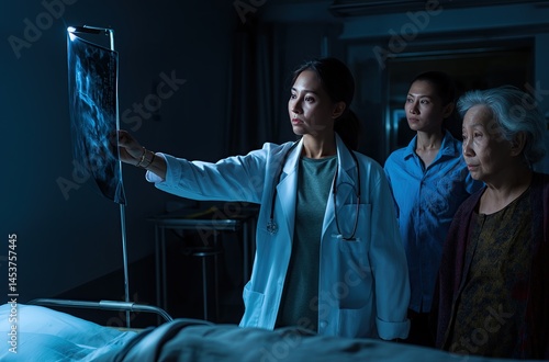 At night in a hospital room, an Asian doctor in white holds an X-ray film, standing beside her elderly mother in bed with a painful expression, with another elderly woman in a blue sweater nearby.