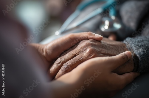 Adult and larger hand gently hold each other, showing emotional support during a stressful doctor’s visit. The medical chart in the background indicates distress, emphasizing love in healing.