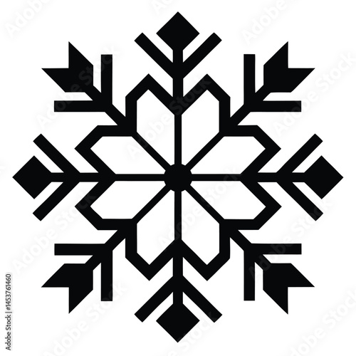 Elaborate black snowflake pattern radiates elegance on a plain white transparent background
