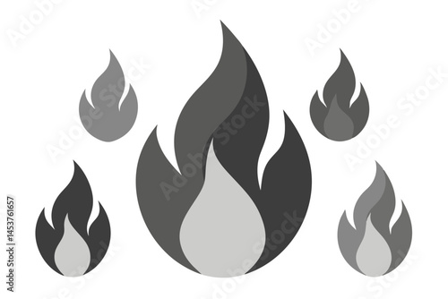 Five grayscale flame shapes are positioned against a stark white backdrop for minimalistic effect