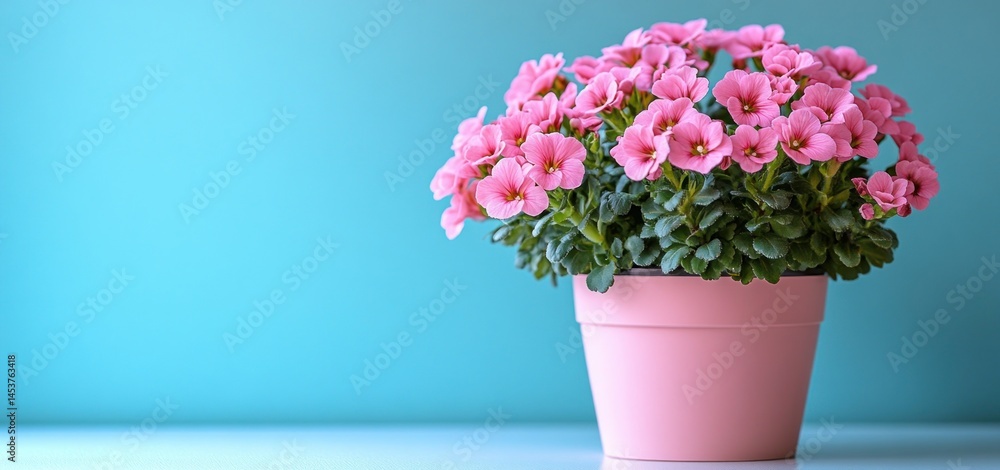 Obraz premium Pink Flowers in a Pink Pot Against a Turquoise Background