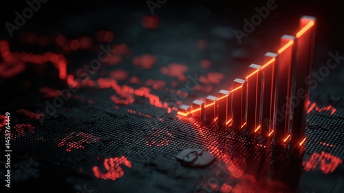 Global economy usa stock market Digital chart with glowing red bars representing growth or data analysis.