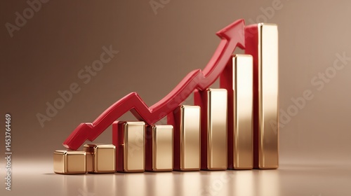 Global economy usa stock market 3D bar graph with upward trend in a gold and red color scheme.