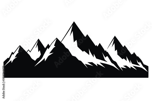 Majestic snow capped mountain range outlined in bold black silhouettes on a white background