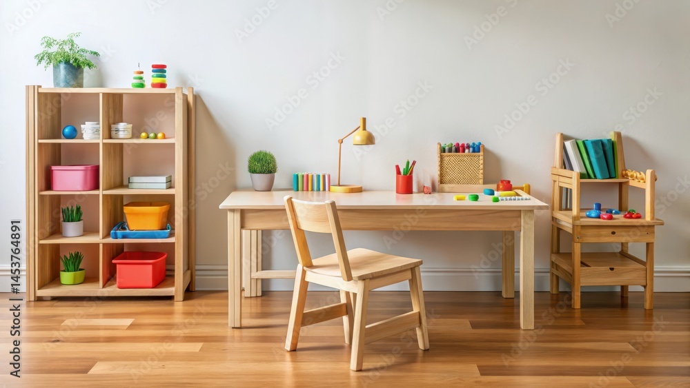 Fototapeta premium A wooden desk with a chair and educational toys arranged around it in an organized manner, Montessori classroom setup, Structured learning