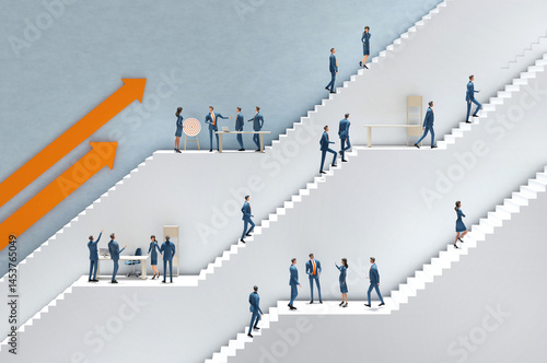  Big corporation with lots of business people working together on different levels to support and develop successful business. Abstract business environment with stairs and business people. 3D 
