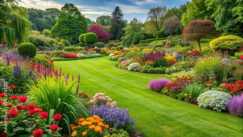 Lush green grass and vibrant flowers in a beautiful garden , wildlife, garden,  wildlife