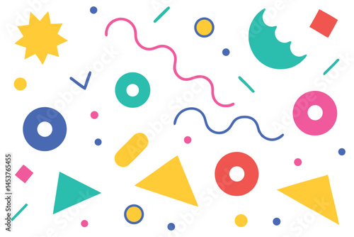 Playful geometric shapes and lines are scattered across this vibrant, whimsical background on white