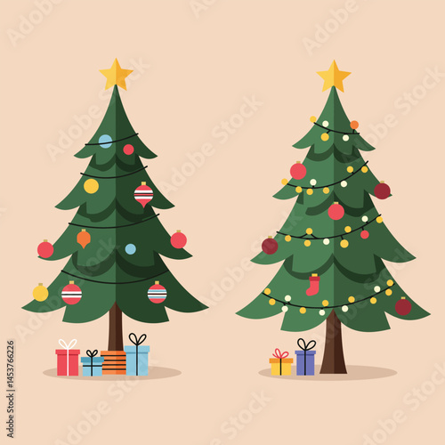 Christmas and New Year Magical green tree with so many holiday decorations isolated on white  background. Can be used easily for celebration cards or banner designs or for any other use.
