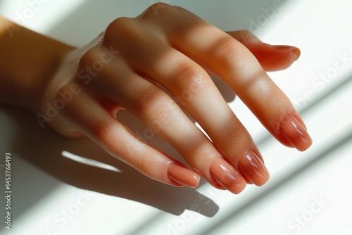 Wallpaper Mural Elegant female hand with glossy nude-colored nails, illuminated by soft natural light, casting delicate shadows on a white surface Torontodigital.ca