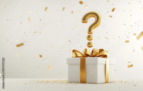 White gift box with gold ribbon and question mark, celebratory confetti