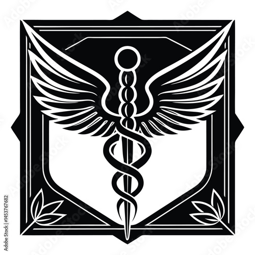 Caduceus Medical Symbol vector Silhouette illustration Caduceus inside square badge icon