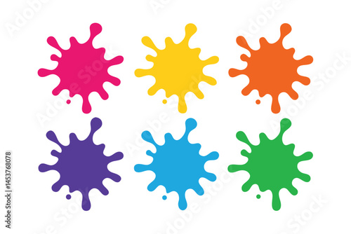 Six colorful paint splashes create abstract splatters on a clean white background