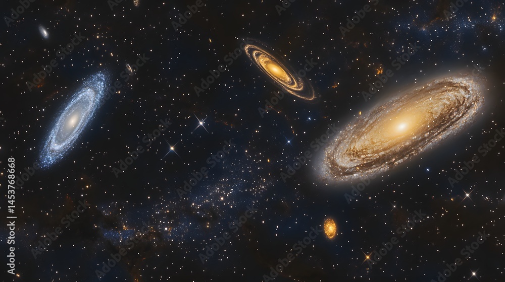 Naklejka premium Cosmic tapestry of distant spiral galaxies.