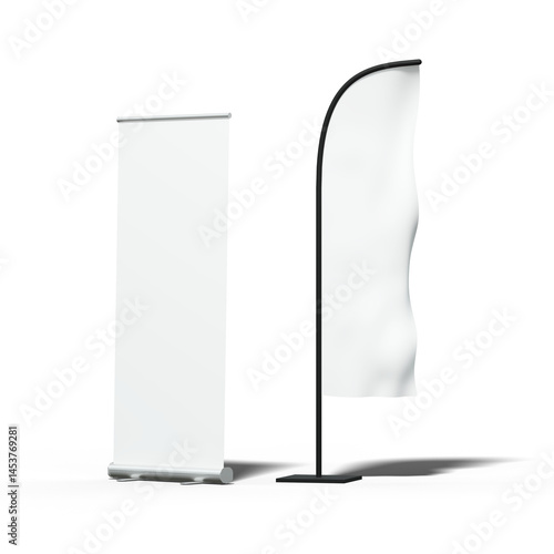 kakémono et oriflamme promotionnels pour communication d'entreprise - rendu 3D, fond transparent