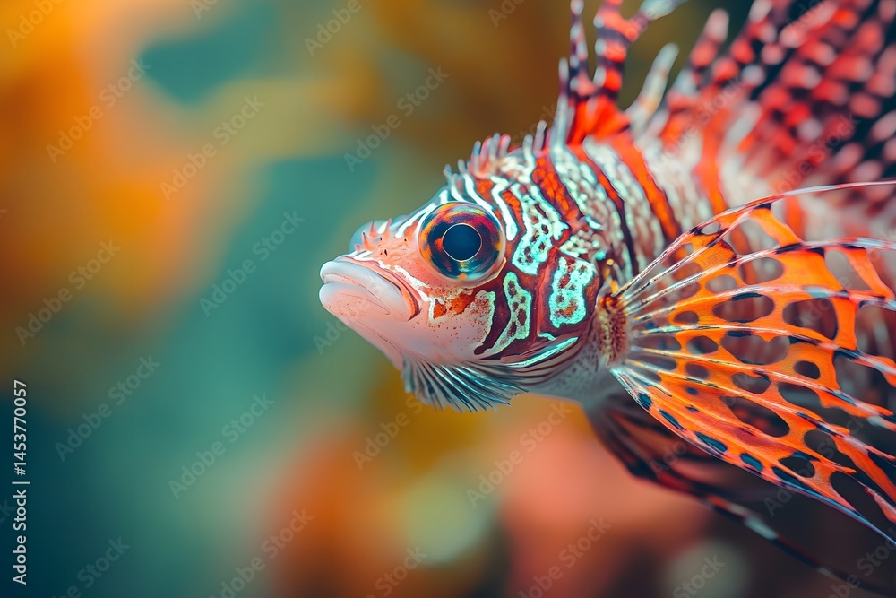 A close up of a colorful lionfish swimming in an aquarium with a blurred background of orange and teal A close up of a colorful lionfish swimming in an aquarium with a blurred background of orange and teal