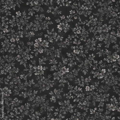 Elegant charcoal floral textile; tiny blossoms and leaves create a refined, all-over print ,  modern,  home decor