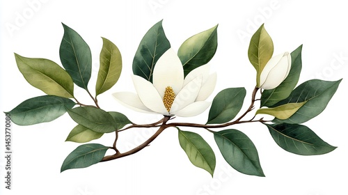 Watercolor Magnolia Branch with White Blossoms and Gold Speckles