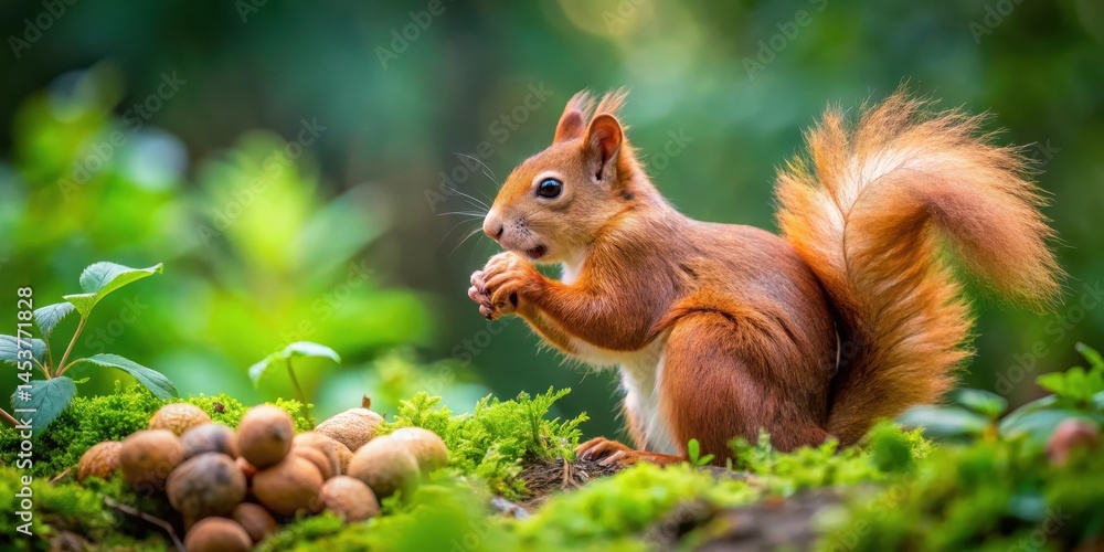 Obraz premium Red squirrel munching on hazelnuts with a green forest background, surrounded by leaves and twigs , nutty, bushy tail