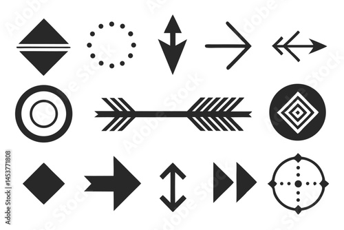 Various shapes like arrows, rhombus, circle, and targets form an abstract black and white set